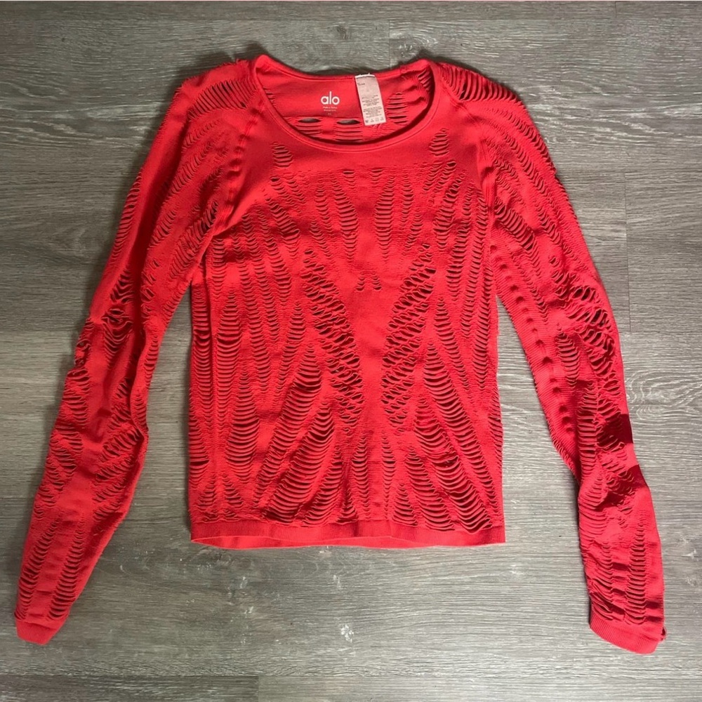ALO Yoga Women's Distressed Red Long Sleeve Tee